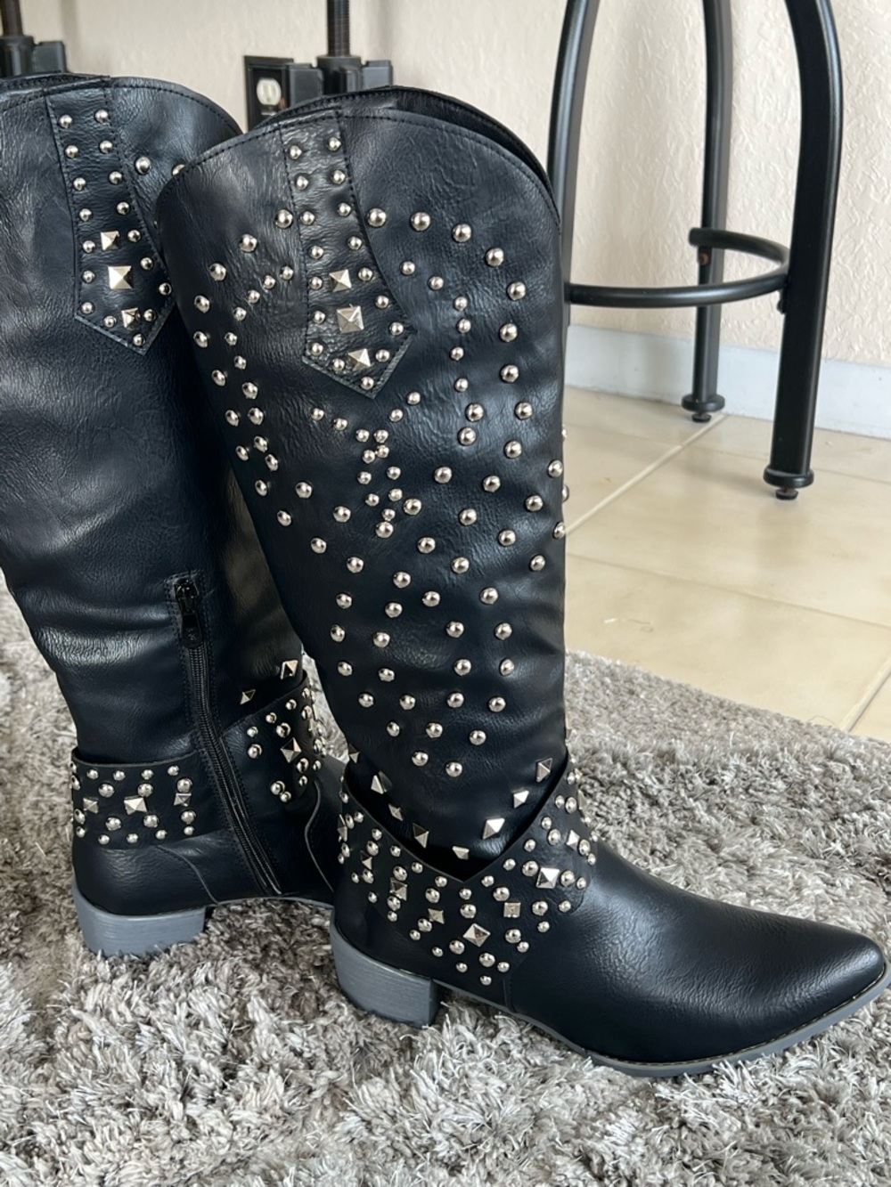 NWOT- Studded Black Knee-High Western Boots - Women - Picture 2 of 5